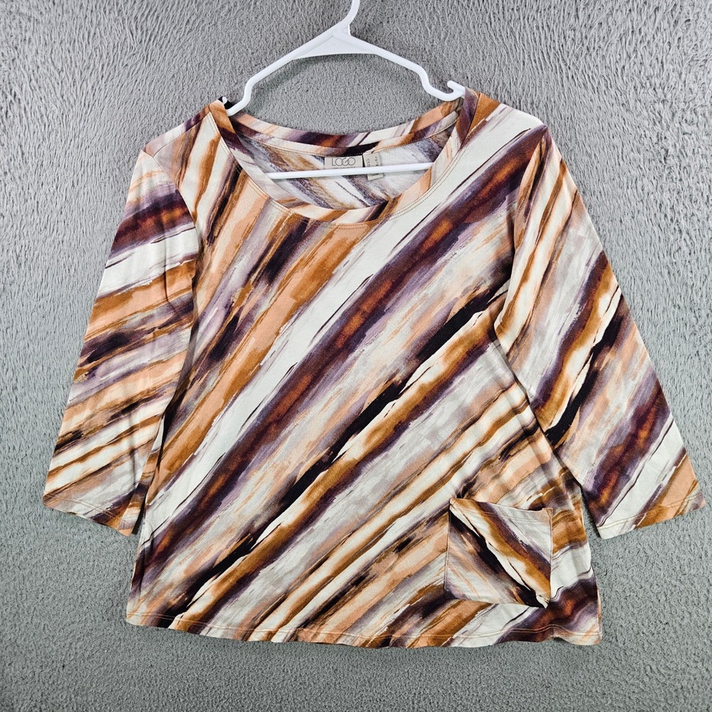 LOGO Lori Goldstein Womens Brown Abstract Brushstroke 3/4‎ Sleeve Cotton Top S